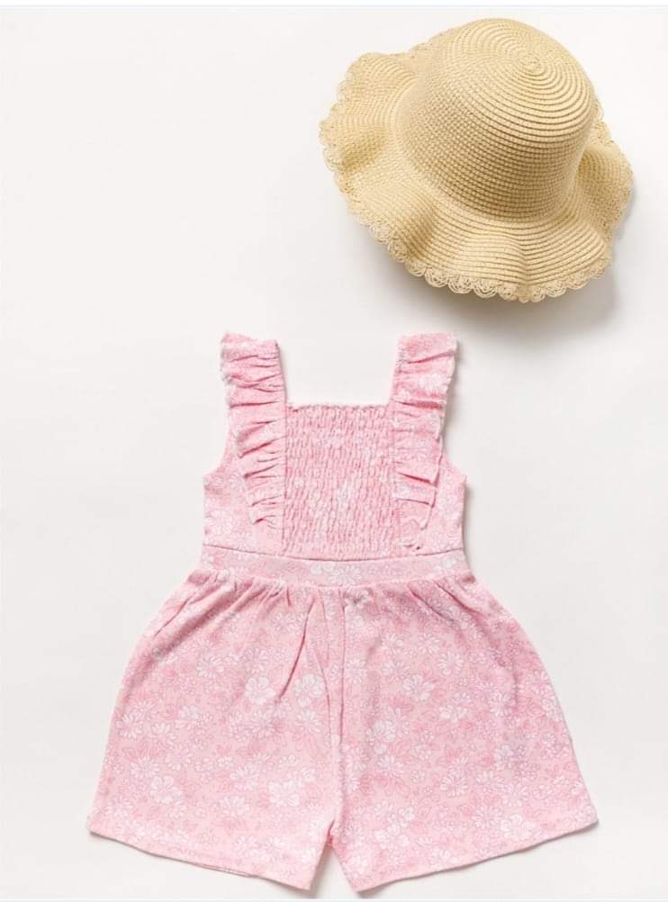 Pink Floral Frilled Playsuit & Sun Hat Set