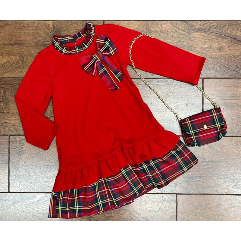 Tartan Bow Dress With Bag