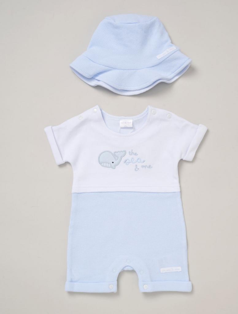 Whale Waffle Romper and Hat Set