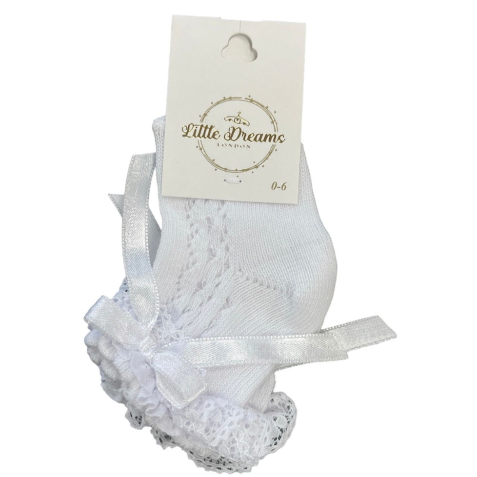 White Knitted Frilled Bow Ribbon Ankle Socks