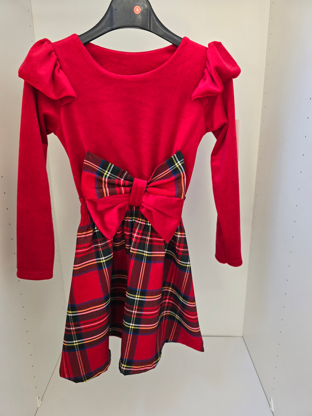 Red Tartan Velour Bow Ruffle Dress