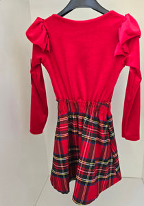 Red Tartan Velour Bow Ruffle Dress