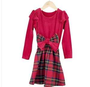 Red Tartan Velour Bow Ruffle Dress