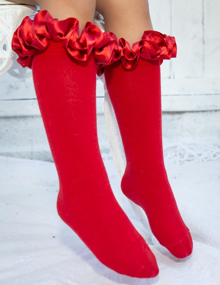 Red Knee High Ruffle Socks