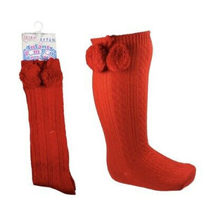 Red Knee High Pompom Socks