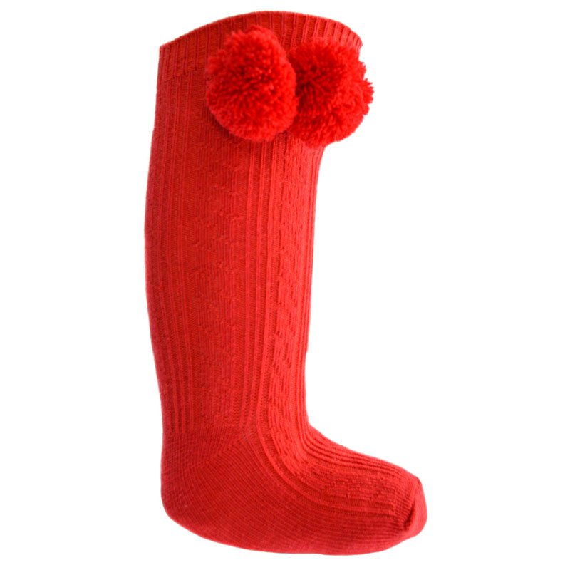 Red Knee High Pompom Socks