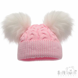 Pink Double Cable Pompom Hat