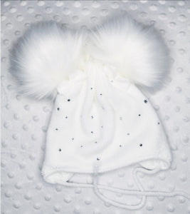 Chin Tie Diamonte Double Pompom Hat