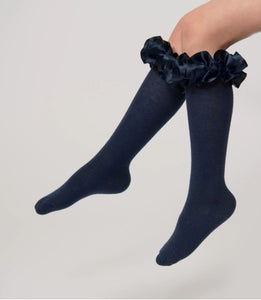 Navy Knee High Ruffle Socks